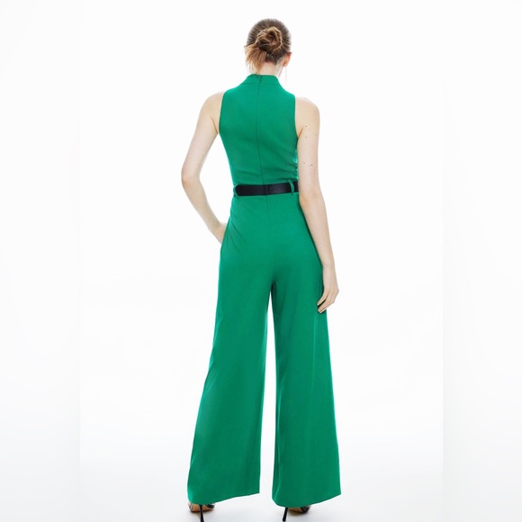 Karen Millen Structured Crepe Halter Neck Belted Wide Leg Jumpsuit - Picture 2 of 10